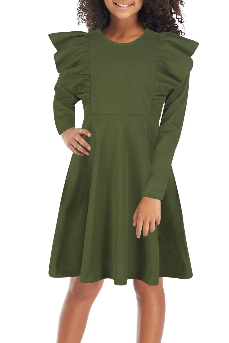 GORLYA Girl's Long Sleeve Ruffle Trim A-Line Swing Flared Skater Party Dress with Pockets for 8 Years Kids (GOR1019, 7-8Y, Olive) - Image 1
